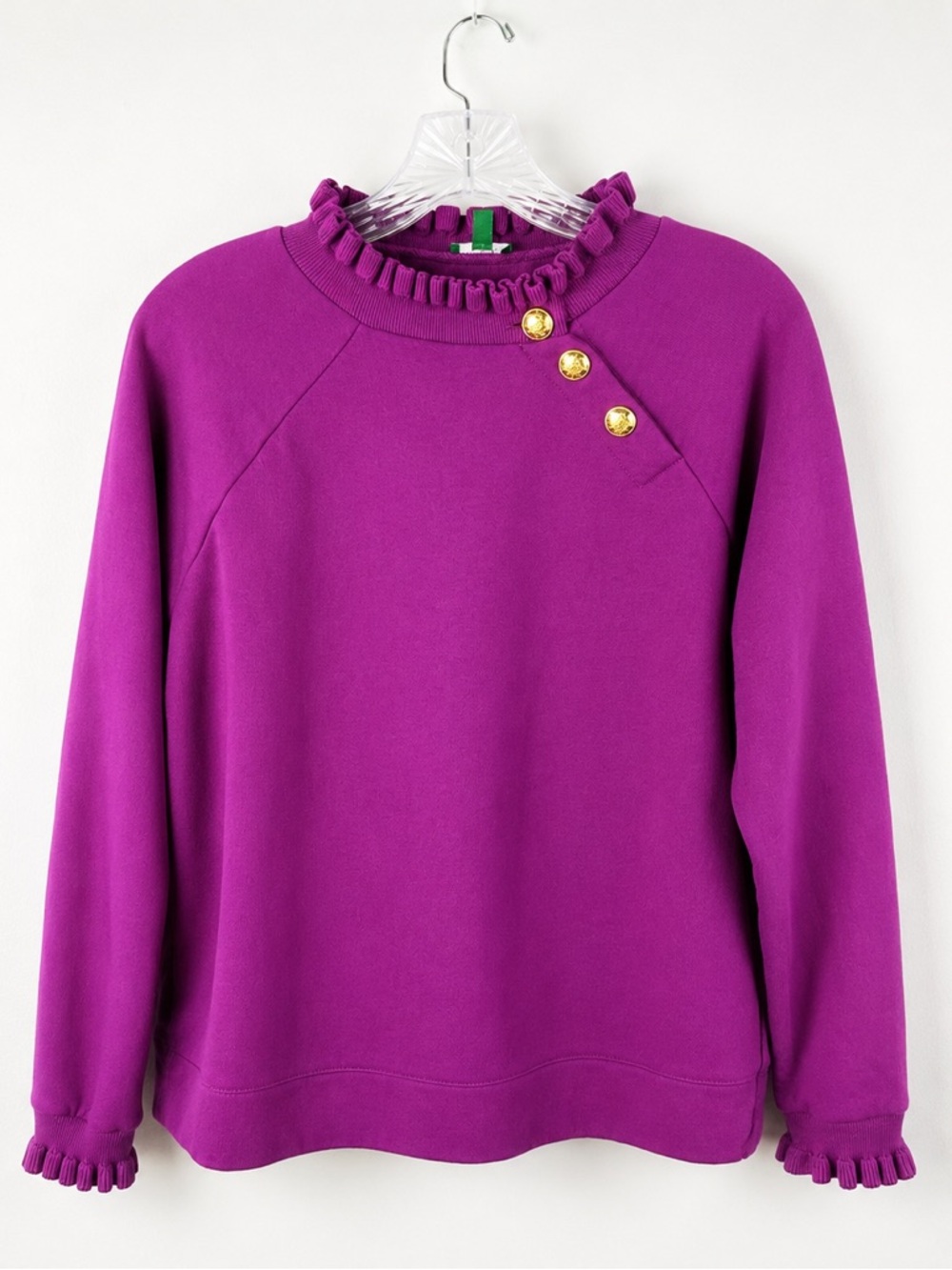 Talbots Petite Ruffle Neck Sweatshirt Purple Gold Button Trim LP Cotton